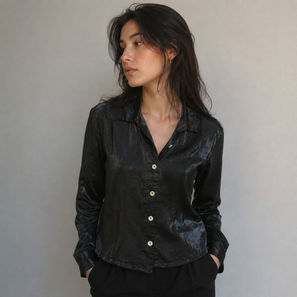 Vintage TSD Womens Black Taffeta Button Down Shirt Large Blouse Mother Of Pearl